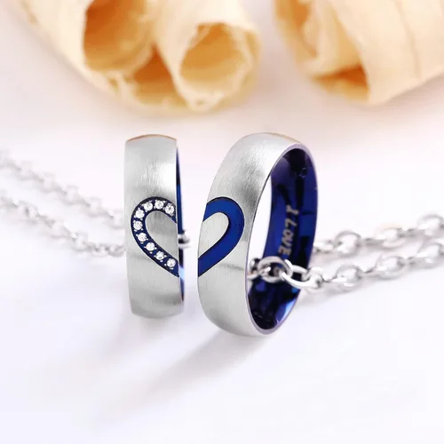 Miniatura 5 de Anillos de promesa para parejas, para él y para ella, juego de anillos de boda con texto en inglés "I Love You" grabado a juego con corazón azul