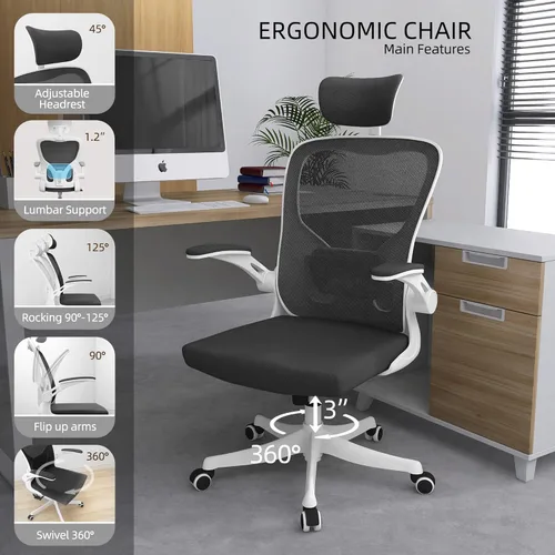 Miniatura 3 de Monhey Silla de oficina, silla de oficina ergonómica con soporte lumbar, reposacabezas 3D y brazos abatibles, sillas de escritorio para oficina