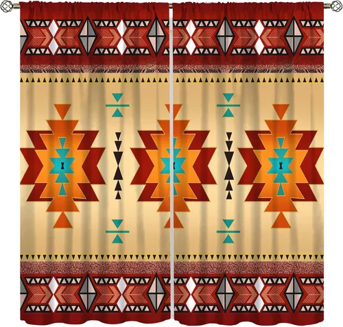 Miniatura 2 de YCness Cortinas aztecas, patrón étnico nativo nativo americano del suroeste, patrón étnico bohemio occidental geométrico para sala de estar
