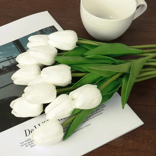 Miniatura 6 de 10 tulipanes falsos blancos falsos tulipanes con tallos, flores artificiales para decoración, flores falsas blancas, ramo de primavera