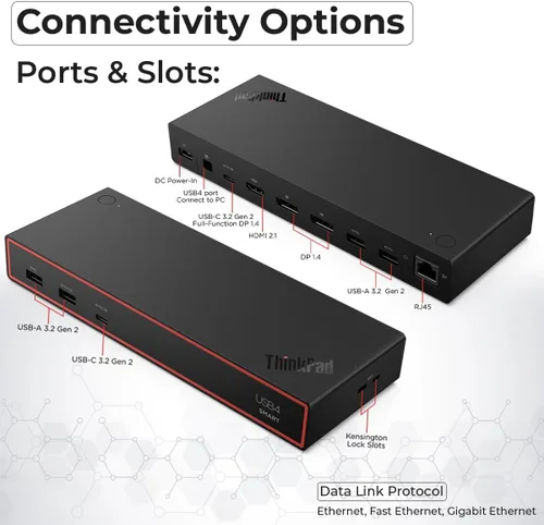 Miniatura 4 de Lenovo 40BF0100US USB4 Docking Station for Laptops with 100W Adapter, HDMI, DisplayPort, USB C Cables & Cloth - Docking Station