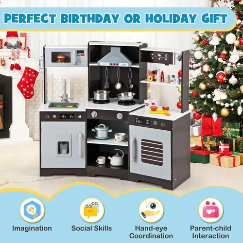 Miniatura 9 de Costzon Juego de cocina esquinera para niños, juego de cocina de juguete de madera con campana extractora de luces y sonidos, máquina de hielo