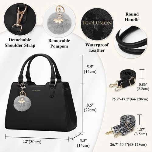 Miniatura 5 de IGOLUMON Bolso de mujer con asa superior de cuero vegano sintético Satchel Monedero para mujer Bolso de mano de diseñador con lindo pompón