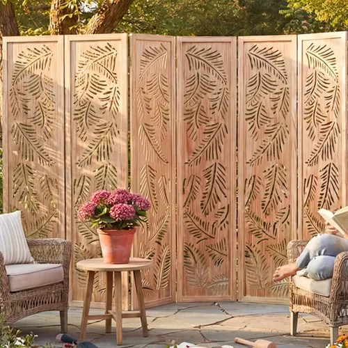 Miniatura 12 de JOSTYLE Divisor de habitación bohemio con tallado de plumas, pantalla de madera calada de 4 paneles, división plegable decorativa para dormitorio