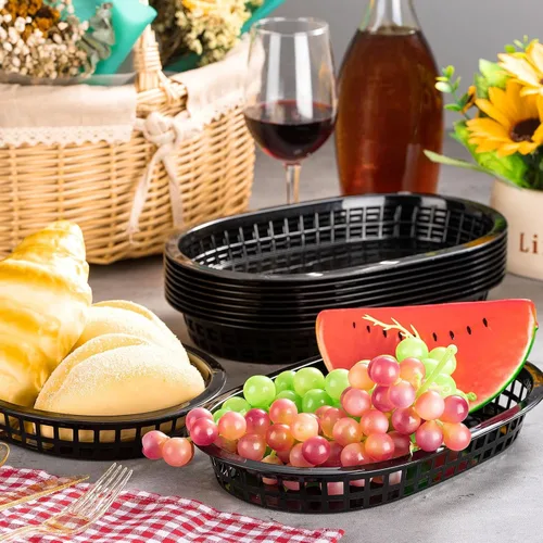 Miniatura 7 de Potchen 60 cestas de comida rápida para servir 10.5 x 7 pulgadas, cesta de plástico ovalada retro, bandeja de servicio de alimentos para Negro