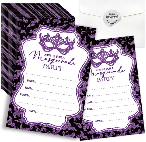 Miniatura 6 de Invitaciones para fiesta de máscaras, invitaciones de fiesta de Mardi Gras, 15 tarjetas y sobres, diseño floral moderno, unisex, adultos, ocasión