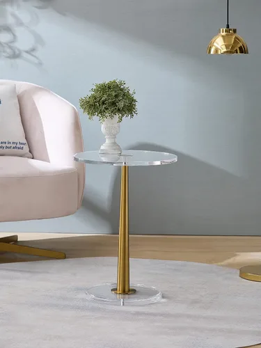 Miniatura 6 de Mesa de acrílico transparente con poste de metal de cono (pequeña, oro cepillado)
