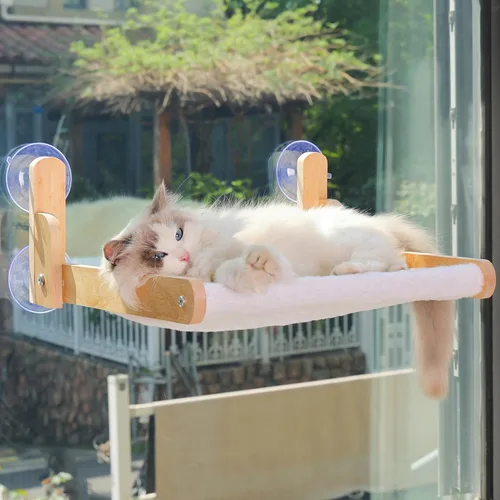 Percha de Ventana para Gatos con Marco de Madera – Cama Hamaca Plegable para Gatos Aloxina para Gatos de Interior, Cubierta de Piel de Conejo Suave,