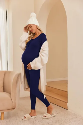 Miniatura 4 de Ekouaer Ropa interior térmica con botones para mujer, pijama de maternidad con forro polar de microfibra, conjunto de pijamas de invierno largo
