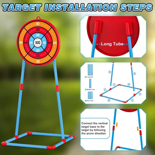 Miniatura 6 de Paquete de 2 juegos de arco y flecha para niños, juego de juguetes de tiro con arco iluminado con 14 flechas de ventosa y diana de pie, juguetes