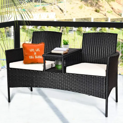 Miniatura 5 de COSTWAY Juego de conversación de patio de 2 asientos, juego de sofá biplaza para patio al aire libre con cojines extraíbles y mesa auxiliar negro
