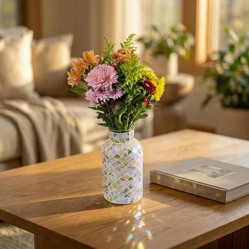 Miniatura 7 de Jarrón verde de vidrio de mosaico hecho a mano, florero floral de vidrio templado de 7.9 pulgadas con arte de azulejos diagonales de 45°, florero