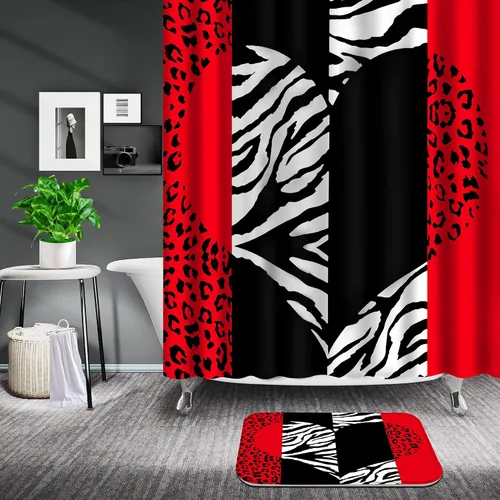 Miniatura 2 de Poedist Juego de 4 cortinas de baño, cortinas de ducha con estampado de leopardo rojo con estilo brillante, alfombras
