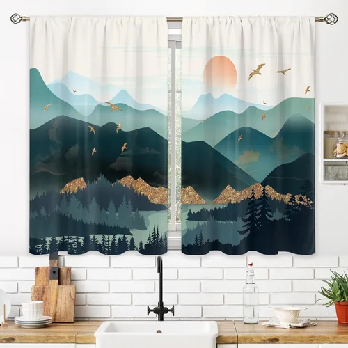 Miniatura 3 de Cortinas de cocina pequeñas de montaña abstracta verde azulado, tratamiento de ventana de montaña, naturaleza, puesta de sol, paisaje, cafetería
