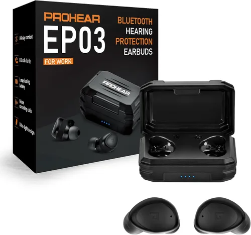 PROHEAR EP03 - Auriculares Bluetooth de Protección Auditiva - OSHA 25dB NRR, Verdaderamente Inalámbricos, Resistente con 2 Micrófonos ENC para