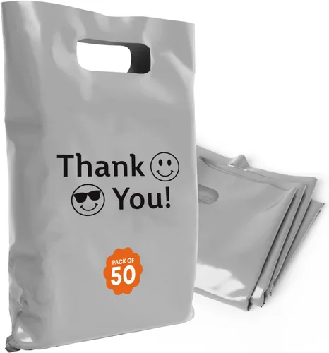 Miniatura 30 de Bolsas de plástico con asas – Bolsas de mercancía de 12 x 15 pulgadas para pequeñas empresas – Bolsas troqueladas para compras minoristas y Negro