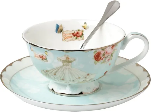 Juego de tazas de té y platillo y cuchara, tazas de té de porcelana real vintage de porcelana azul rosa flor en caja, 7 onzas Taza de té y platillo