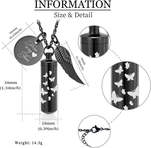 Miniatura 6 de shajwo Collar de cenizas de urna cilíndrica para mujeres y hombres, joyería de cremación de mariposa, ceniza amada, un colgante de ala de ángel