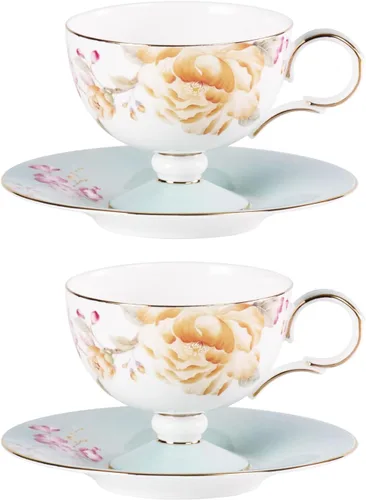 Miniatura 21 de KAMMAK Juego de 2 tazas de café de cerámica, tazas de café de porcelana con platillos, 6.52 onzas hechas a mano, elegante taza de té de porcelana