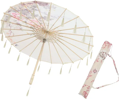 Homoyoyo Sombrilla de tela con patrón de flores, sombrilla de tela de seda japonesa china con bolsa de borlas, kimono Hanfu, suministros de disfraz
