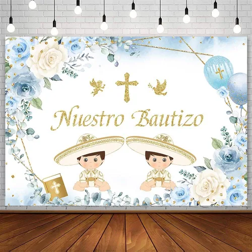AIBIIN Telón de fondo Mi Bautizo de 7 x 5 pies para niños gemelos, bautizo, bautizo, primera comunión, decoración de fiesta de bendición dorada, Azul