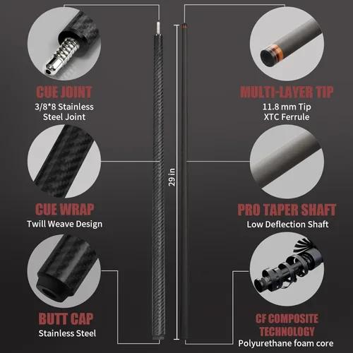 Miniatura 2 de Taco de piscina de fibra de carbono, eje de fibra de carbono premium, palos de billar Pro Taper con punta multicapa, agarre sin envoltura, junta