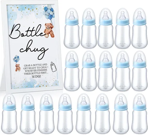 Roowest Bottle Chug Baby Shower Juegos de regalos que incluyen 18 botellas con 1 botella de chug de madera para revelación de género Baby Shower Azul