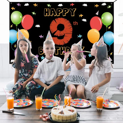 Miniatura 3 de Cartel de fondo de 9º cumpleaños, decoraciones de feliz 9º cumpleaños para niñas y niños, cartel de cumpleaños de 9 años, colorido fondo de fiesta