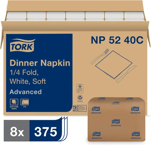 Tork Advanced NP5240C Servilletas suaves, plegadas en 1/4, diseño de hojas en relieve, 2 capas, 15 pulgadas de ancho x 16.25 pulgadas, color blanco