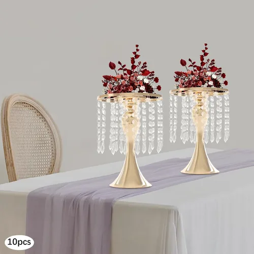 Miniatura 5 de Juego de 10 portavelas de metal dorado de 10.2 pulgadas de alto, florero, arreglo floral, candelabro, candelabro, portavelas para bodas, fiestas