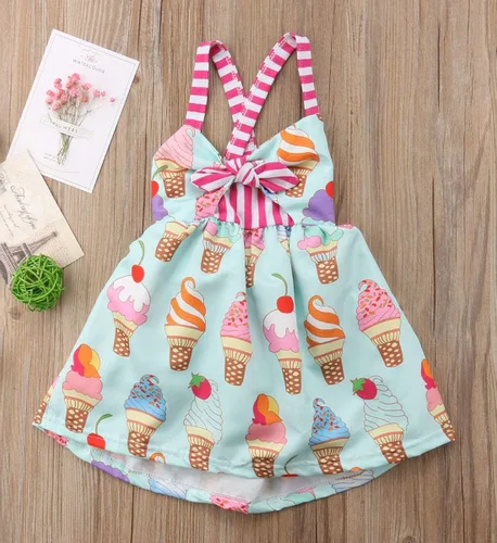 Miniatura 2 de Falda de verano para niñas pequeñas, vestido sin espalda con tirantes y estampado de helado