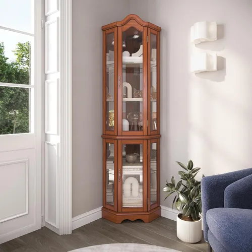 Miniatura 8 de BELLEZE Gabinete Curio iluminado de vidrio de 3 lados con puertas y estantes de vidrio templado, gabinete esquinero de madera curva con bombilla