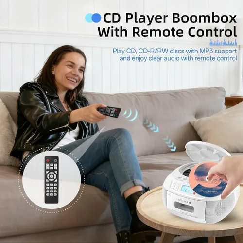 Miniatura 4 de Combo de reproductor de CD y cassette, reproductor de CD portátil Boombox con radio AM/FM Bluetooth/AUX/USB Drive Grabación de cinta para Blanco