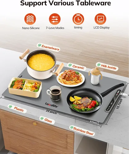 Miniatura 6 de Laudlife Tapete de calentamiento eléctrico para alimentos, almohadilla térmica de silicona enrollable con 7 niveles ajustables de Tempmaster