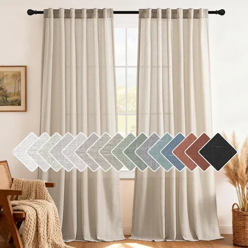 Miniatura 14 de H.VERSAILTEX Cortinas de lino natural de 63 pulgadas de largo para sala de estar, 2 paneles con trabillas traseras y bolsillo, texturizadas