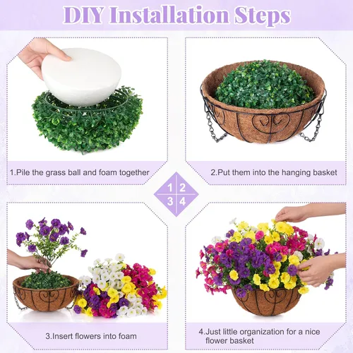 Miniatura 6 de Flores colgantes artificiales con cesta para exteriores, petunias sintéticas, plantas colgantes falsas con eucalipto, resistentes a los rayos UV