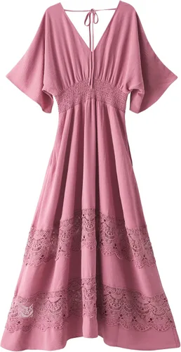 Miniatura 28 de Vestido largo de encaje para mujer de manga corta y cuello en V, vestido de fiesta estilo bohemio con cintura fruncida, vestido bohemio para mujer