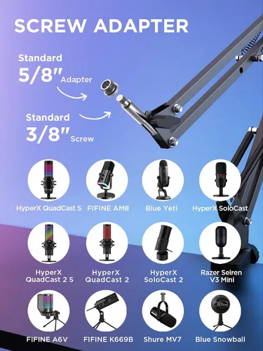 Miniatura 5 de InnoGear Soporte de micrófono con brazo de brazo para Blue Yeti HyperX QuadCast SoloCast Snowball Fifine Shure SM7B y otros micrófonos, brazo