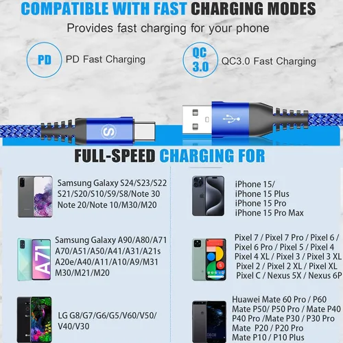 Miniatura 7 de sweguard Cable USB a USB C [2 unidades, 3.3 pies] de nailon trenzado USB A a tipo C, cable de carga rápida para iPhone 17, 16, 15 Pro Max, Samsung