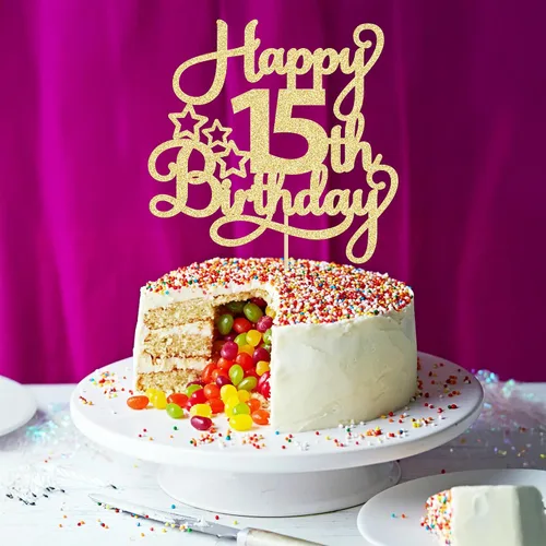 Miniatura 5 de 1 paquete de decoración de pastel de feliz 15 cumpleaños, topper de pastel dorado con purpurina Mis Quince 15, saludos a 15 años, adorno de pastel