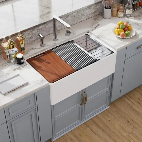 Miniatura 12 de Farm - Fregadero de cocina reversible con 24 unidades, color blanco, 24 x 18 pulgadas, delantal frontal de porcelana blanca, de cerámica y arcilla