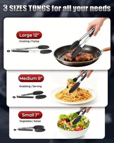 Miniatura 8 de Pinzas de cocina resistentes al calor de 600ºF, pinzas de cocina de bloqueo premium con puntas de silicona, pinzas antideslizantes para cocinar, 3