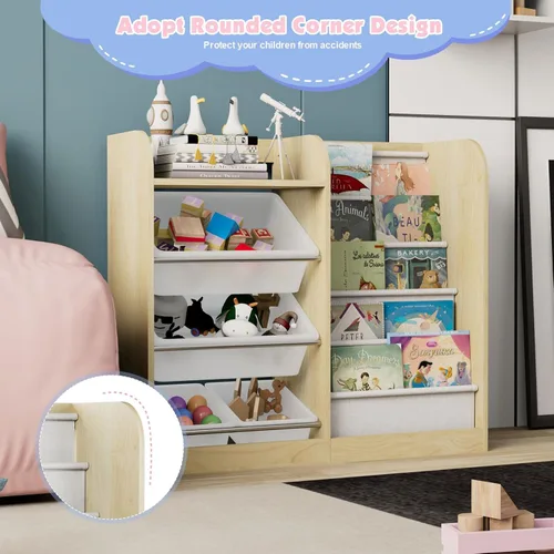 Miniatura 5 de Estantería de madera natural para niños, caja de almacenamiento de juguetes, estante organizador con 4 contenedores de plástico extraíbles