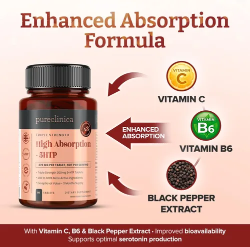 Miniatura 5 de Alta absorción 5HTP 300mg x 90 tabletas - 3 meses de suministro. con vitamina C, B6 y extracto de pimienta negra