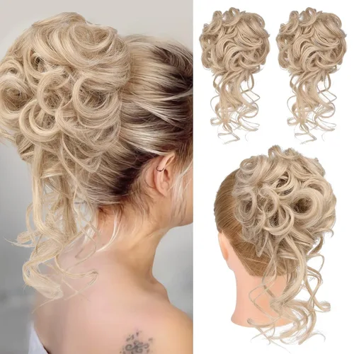 HOOJIH 2 piezas de postizo para moño despeinado, recogido despeinado con mechones sueltos, extensiones de moño, postizo de cabello ondulado rizado