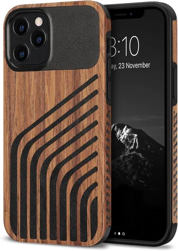 Miniatura 11 de TENDLIN Funda compatible con iPhone 12 Pro Max de grano de madera con diseño de textura de fibra de carbono, funda híbrida de cuero negro