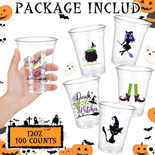 Miniatura 3 de Bokon Juego de 100 tazas de Halloween de 12 onzas con temática de bruja, vasos desechables con tapas y pajitas de papel, suministros de fiesta
