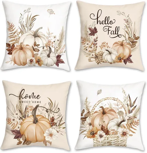 Bonhause Hello Fall Pumpkin Throw Pillow Covers 16 x 16 Inch Bohemia Autumn Thanksgiving Farmhouse Beige Cream Decorative Soft Velvet Cushion Cases