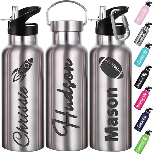 Miniatura 10 de Botellas de agua personalizadas con tapa de popote de 12/26 onzas con nombre grabado, logotipo, botella aislada personalizada, botellas de agua