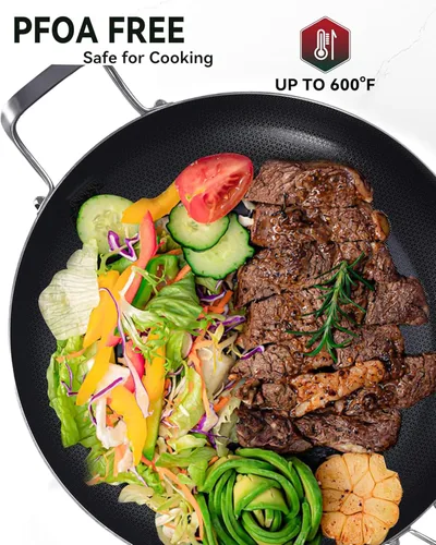 Miniatura 3 de Sartén de 12 pulgadas antiadherente de cerámica y acero inoxidable - Con tapa y mango ayudante, sartén apta para inducción, apta para lavavajillas
